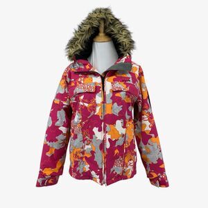 Roxy Jacket Girls XL Extra Large Pink Orange Faux Fur Hood Full Zip Snowboarding